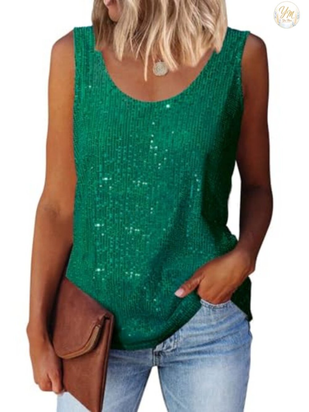 Sequin Scoop Neck Tank Top Sleeveless Open Back Party Blouse